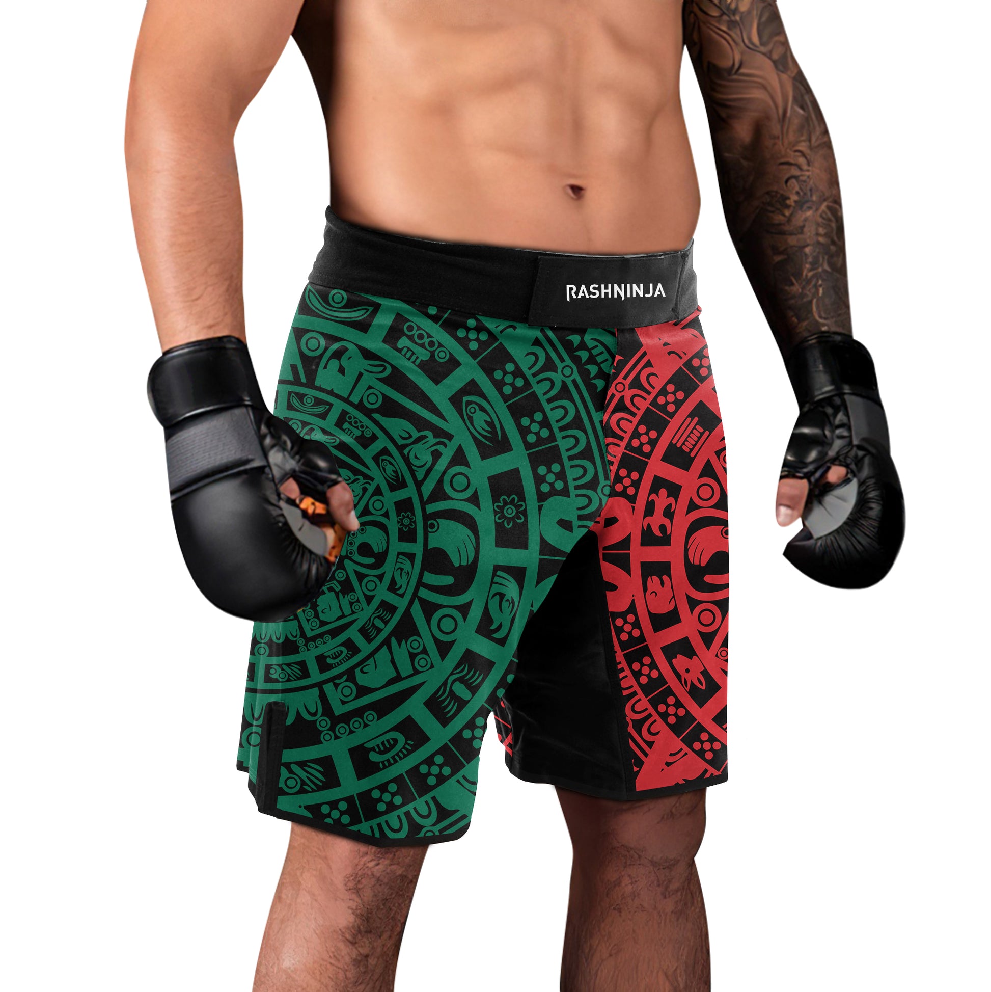 Rashninja Green And Red Aztec Calendar Men's Fight Shorts