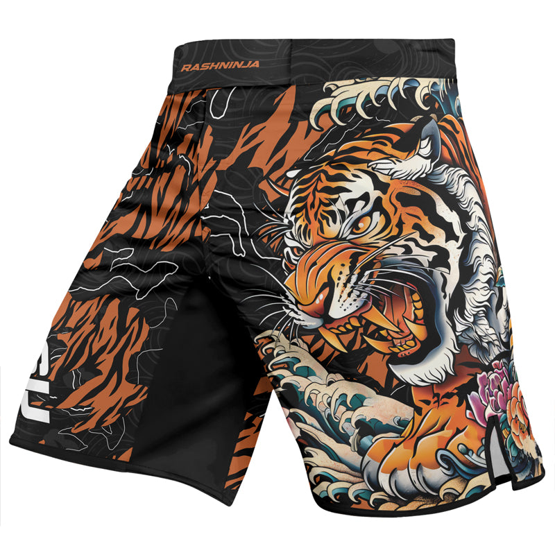 Rashninja Tiger Wave Black Orange Men's Fight Shorts | BJJ shorts