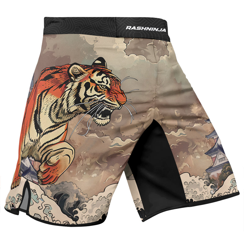 Rashninja Tiger Temple Wave Black Orange Men's Fight Shorts