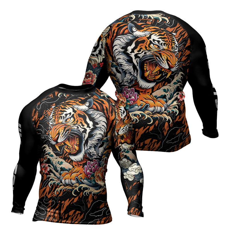Rashninja Tiger Wave Black Orange Men's Long Sleeve Rash Guard
