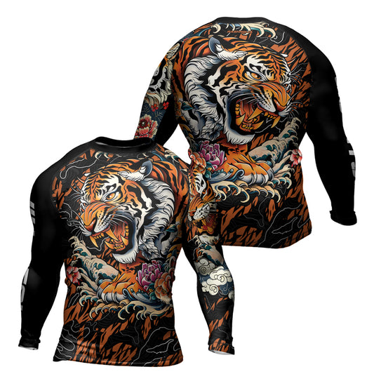 Rashninja Tiger Wave Black Orange Men's Long Sleeve Rash Guard
