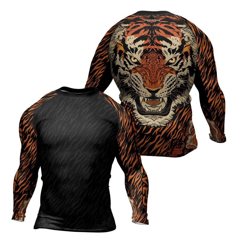 Rashninja Tiger Stripes Black Orange Men's Long Sleeve Rash Guard