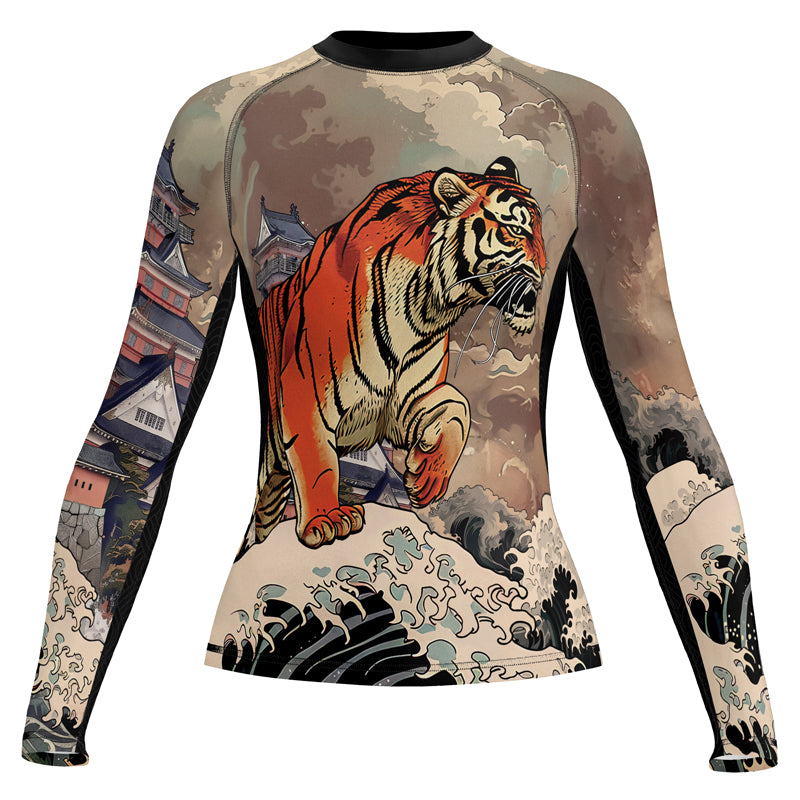 Rashninja Tiger Temple Wave Black Orange Women's Long Sleeve Rash Guard