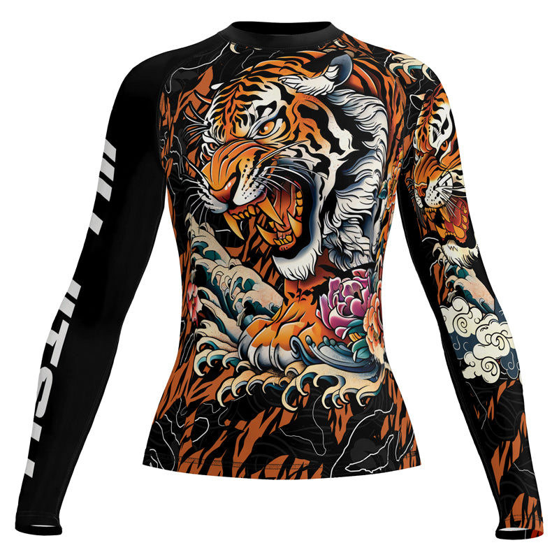 Rashninja Tiger Wave Black Orange Women's Long Sleeve Rash Guard