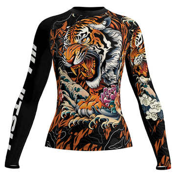 Rashninja Tiger Wave Black Orange Women's Long Sleeve Rash Guard