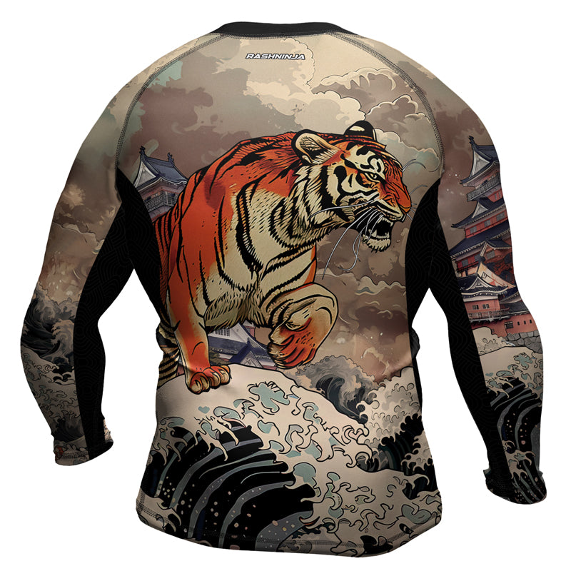 Rashninja Tiger Temple Wave Black Orange Men's Long Sleeve Rash Guard