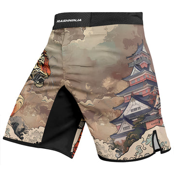Rashninja Tiger Temple Wave Black Orange Men's Fight Shorts
