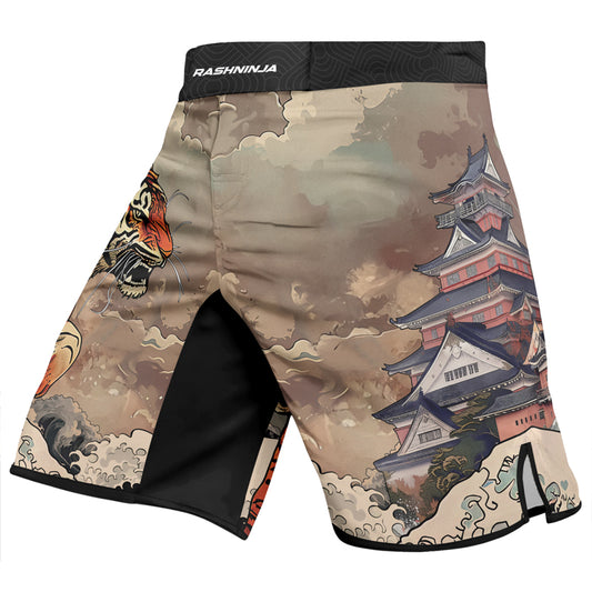 Rashninja Tiger Temple Wave Black Orange Men's Fight Shorts
