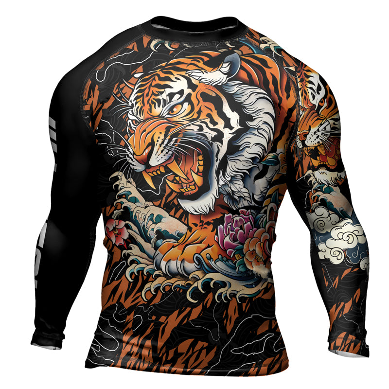Rashninja Tiger Wave Black Orange Men's Long Sleeve Rash Guard