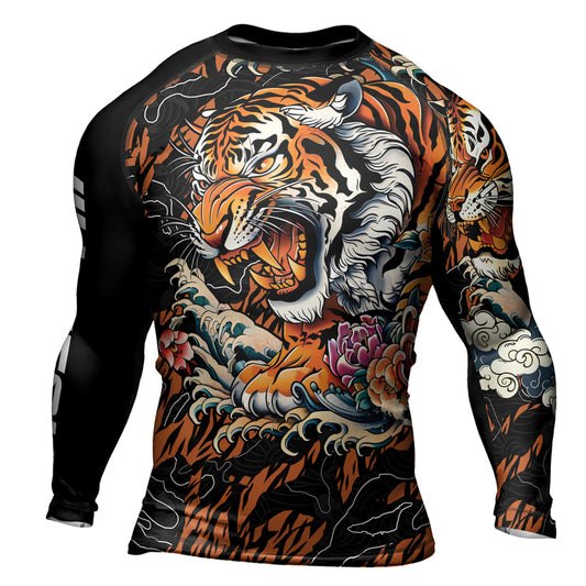 Rashninja Tiger Wave Black Orange Men's Long Sleeve Rash Guard