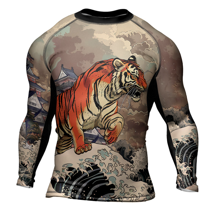 Rashninja Tiger Temple Wave Black Orange Men's Long Sleeve Rash Guard