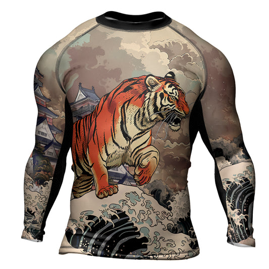 Rashninja Tiger Temple Wave Black Orange Men's Long Sleeve Rash Guard