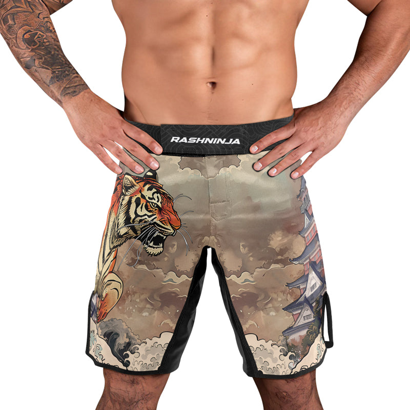 Rashninja Tiger Temple Wave Black Orange Men's Fight Shorts