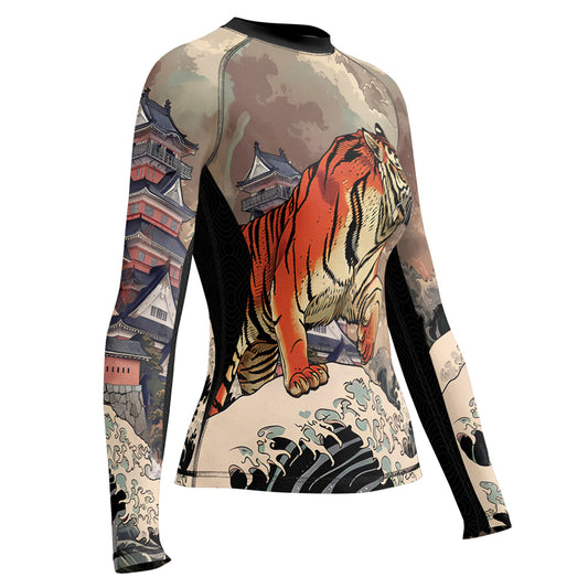 Rashninja Tiger Temple Wave Black Orange Women's Long Sleeve Rash Guard