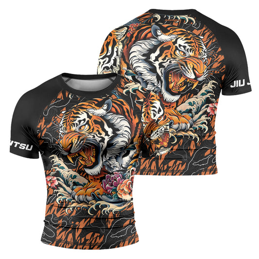 Rashninja Tiger Wave Black Orange Men's Short Sleeve Rash Guard