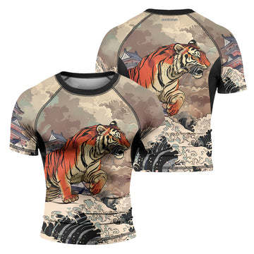 Rashninja Tiger Temple Wave Black Orange Men's Short Sleeve Rash Guard