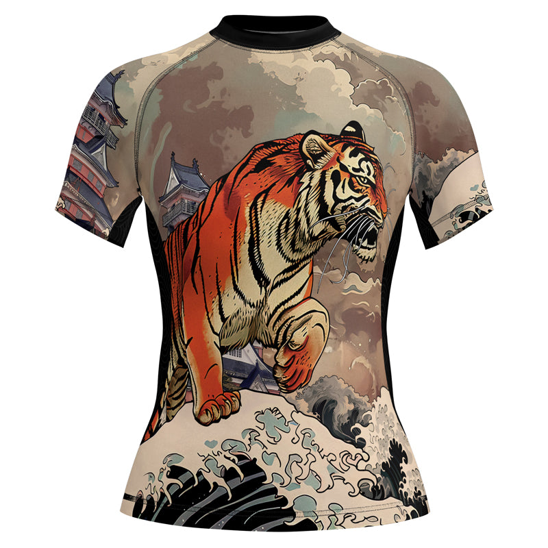 Rashninja Tiger Temple Wave Black Orange Women's Short Sleeve Rash Guard