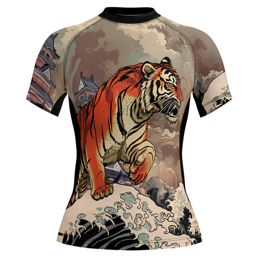 Rashninja Tiger Temple Wave Black Orange Women's Short Sleeve Rash Guard