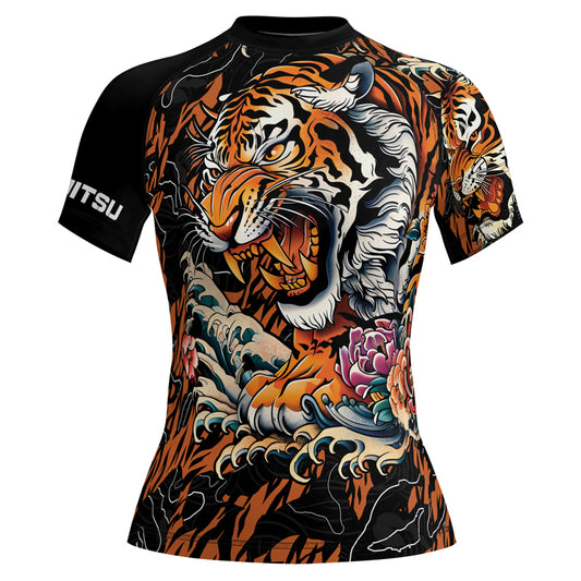Rashninja Tiger Wave Black Orange Women's Short Sleeve Rash Guard
