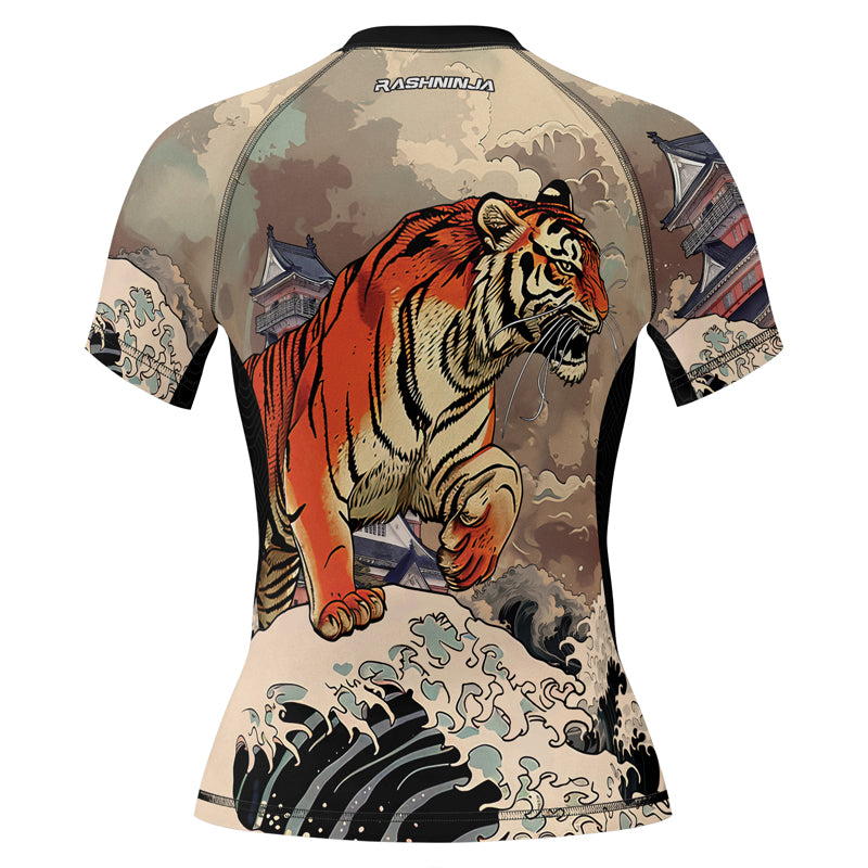 Rashninja Tiger Temple Wave Black Orange Women's Short Sleeve Rash Guard