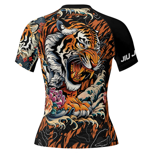 Rashninja Tiger Wave Black Orange Women's Short Sleeve Rash Guard
