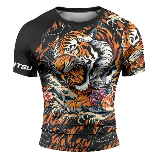 Rashninja Tiger Wave Black Orange Men's Short Sleeve Rash Guard