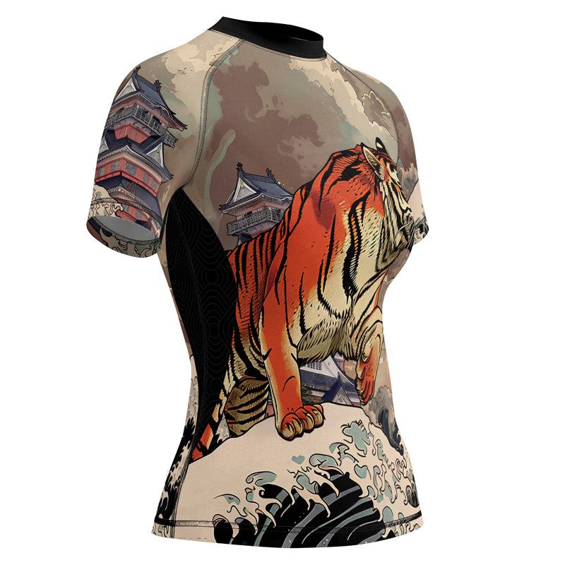 Rashninja Tiger Temple Wave Black Orange Women's Short Sleeve Rash Guard