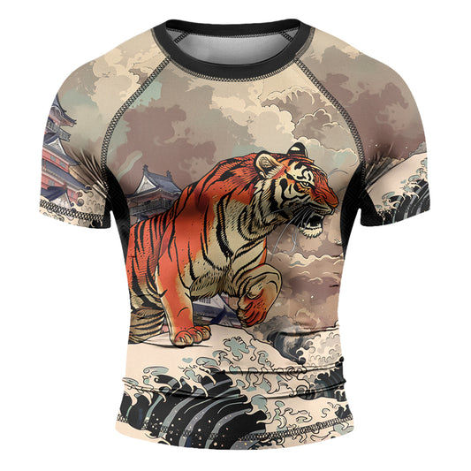 Rashninja Tiger Temple Wave Black Orange Men's Short Sleeve Rash Guard