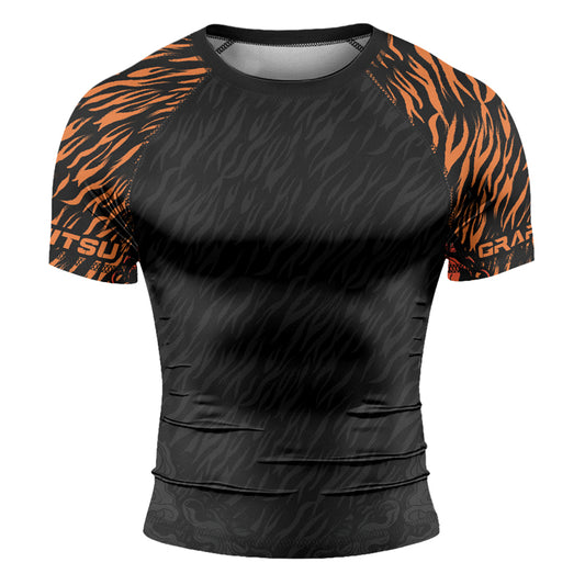Rashninja Tiger Stripes Black Orange Men's Short Sleeve Rash Guard
