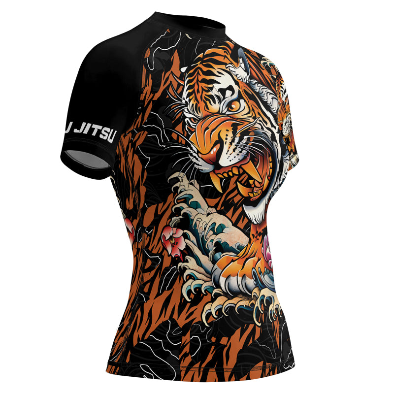 Rashninja Tiger Wave Black Orange Women's Short Sleeve Rash Guard