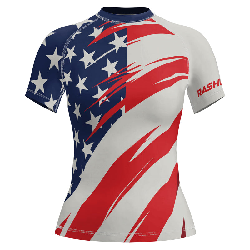Rashninja Patriotic Flag White Women's Short Sleeve Rash Guard

