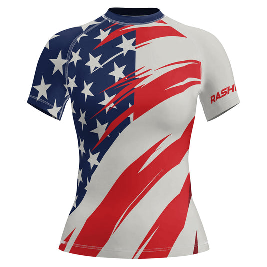 Rashninja Patriotic Flag White Women's Short Sleeve Rash Guard

