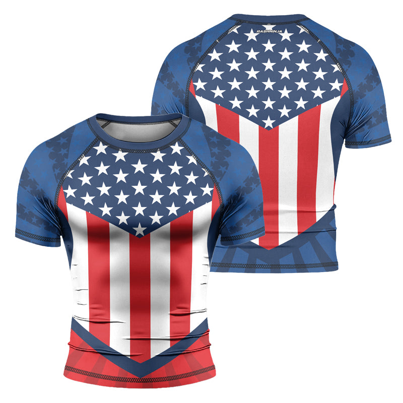 Rashninja Patriotic Flag Chevron Men's Short Sleeve Rash Guard

