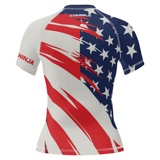 Rashninja Patriotic Flag White Women's Short Sleeve Rash Guard