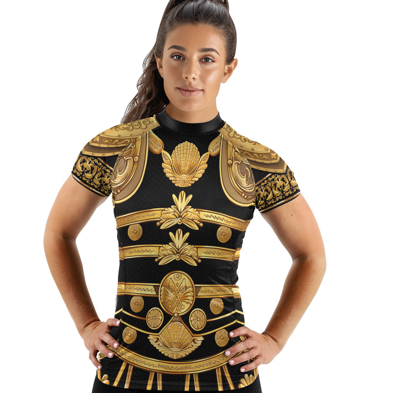 Rashninja Spartan Helmet Flames Women's Short Sleeve Rash Guard