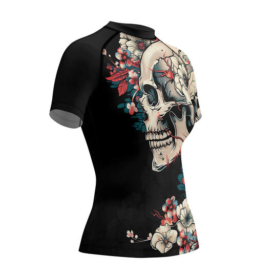 Rashninja Halloween Skull Blossom Women's Short Sleeve Rash Guard