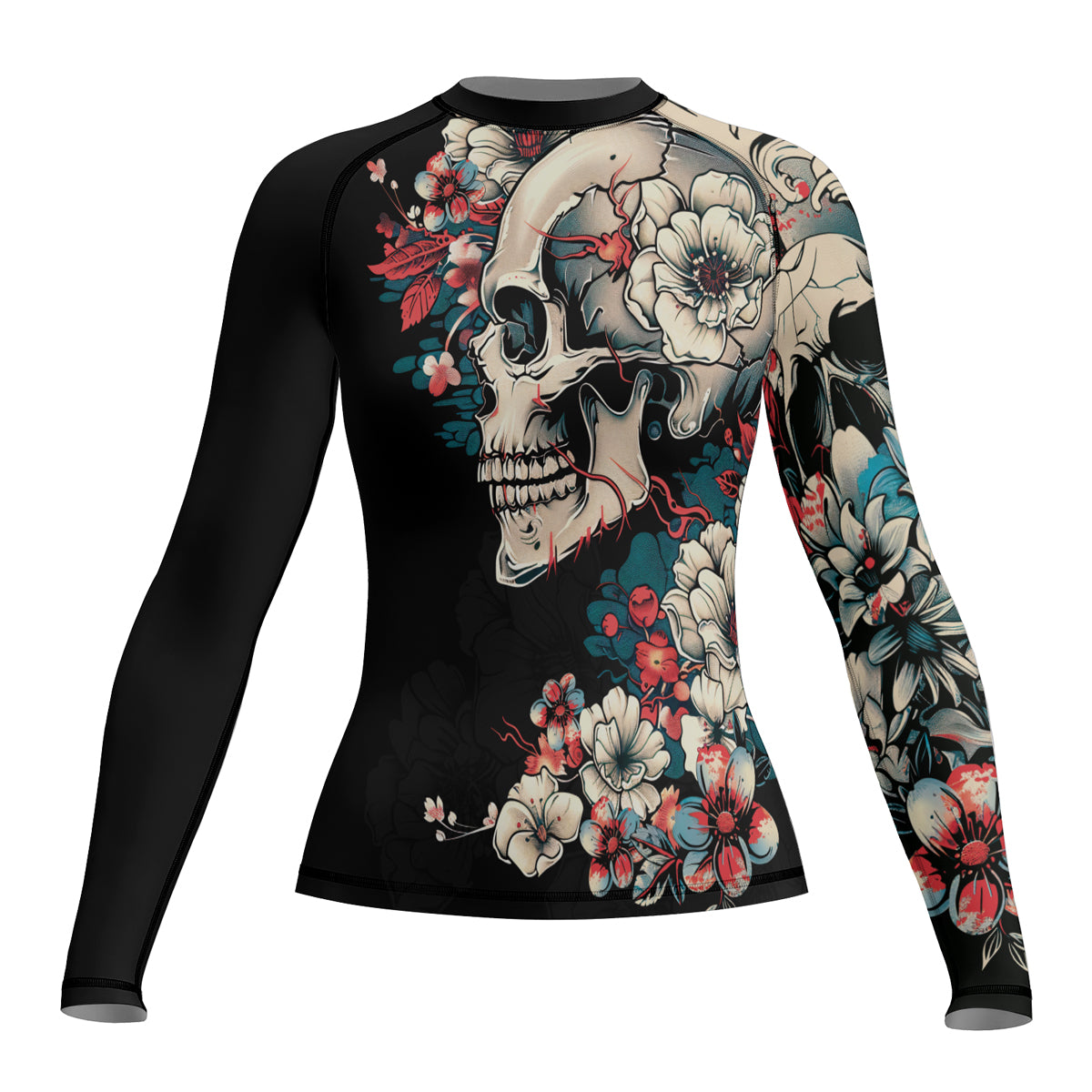 Rashninja Halloween Skull Blossom Women's Long Sleeve Rash Guard