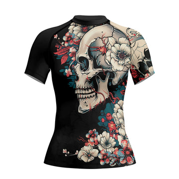 Rashninja Halloween Skull Blossom Women's Short Sleeve Rash Guard