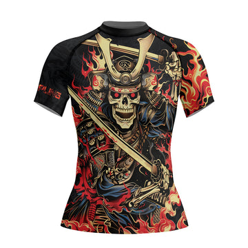 Rashninja Samurai Skull Fire Women's Short Sleeve Rash Guard
