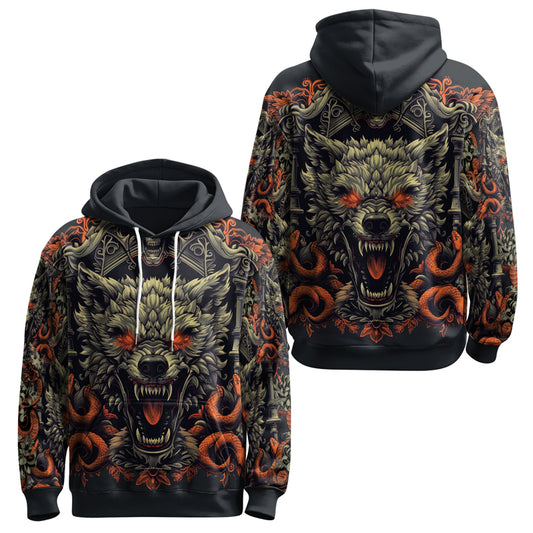 Rashninja Fanged Wolf with Skull AOP Hoodie | Wolf Hoodies For Men