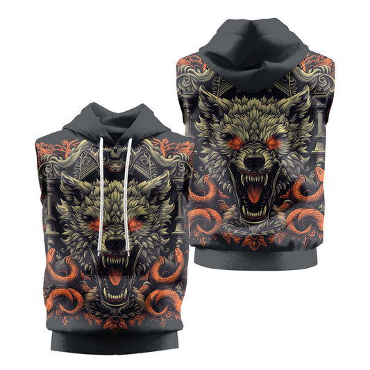 Rashninja Fanged Wolf with Skull Sleeveless Hoodie | Sleeveless Hoodie