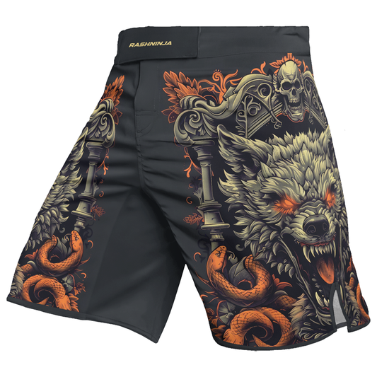 Rashninja Fanged Wolf with Skull Men's Fight Shorts