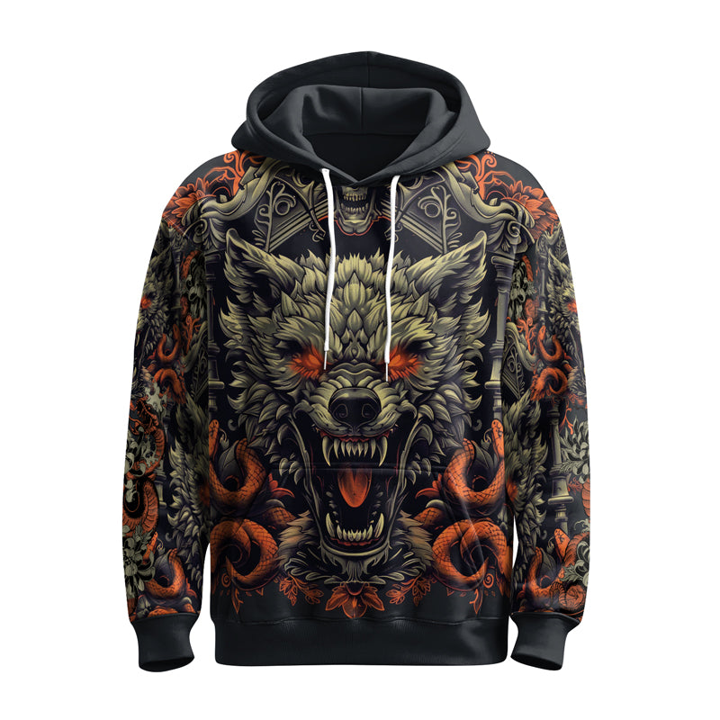 Rashninja Fanged Wolf with Skull AOP Hoodie | Wolf Hoodies For Men