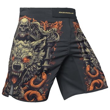 Rashninja Fanged Wolf with Skull Men's Fight Shorts