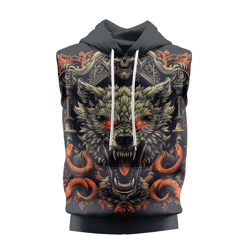 Rashninja Fanged Wolf with Skull Sleeveless Hoodie | Sleeveless Hoodie