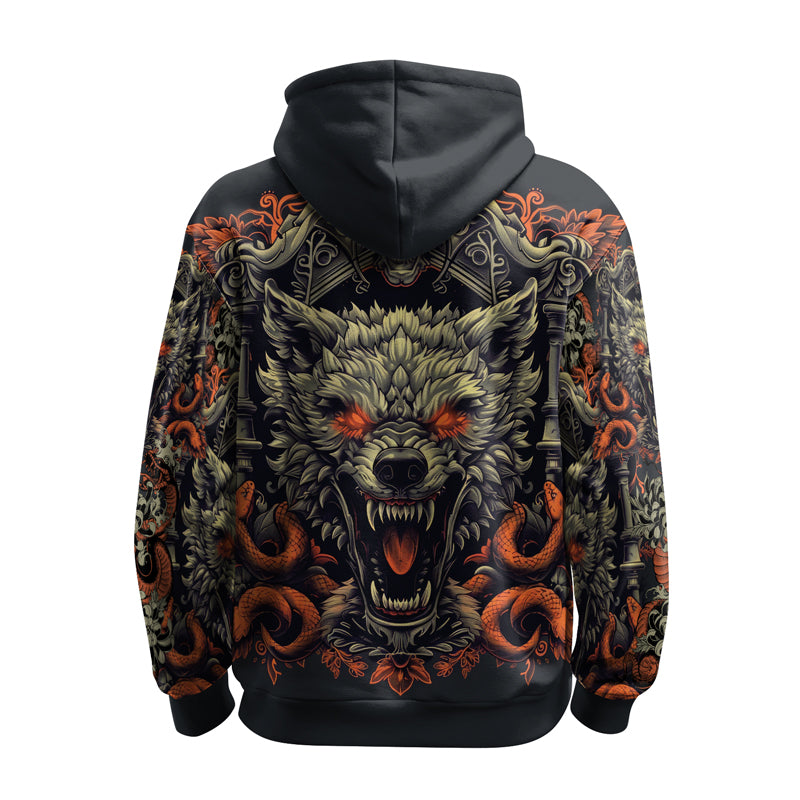 Rashninja Fanged Wolf with Skull AOP Hoodie | Wolf Hoodies For Men