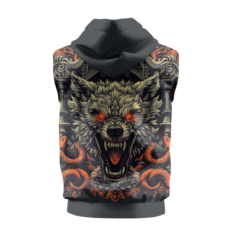 Rashninja Fanged Wolf with Skull Sleeveless Hoodie | Sleeveless Hoodie