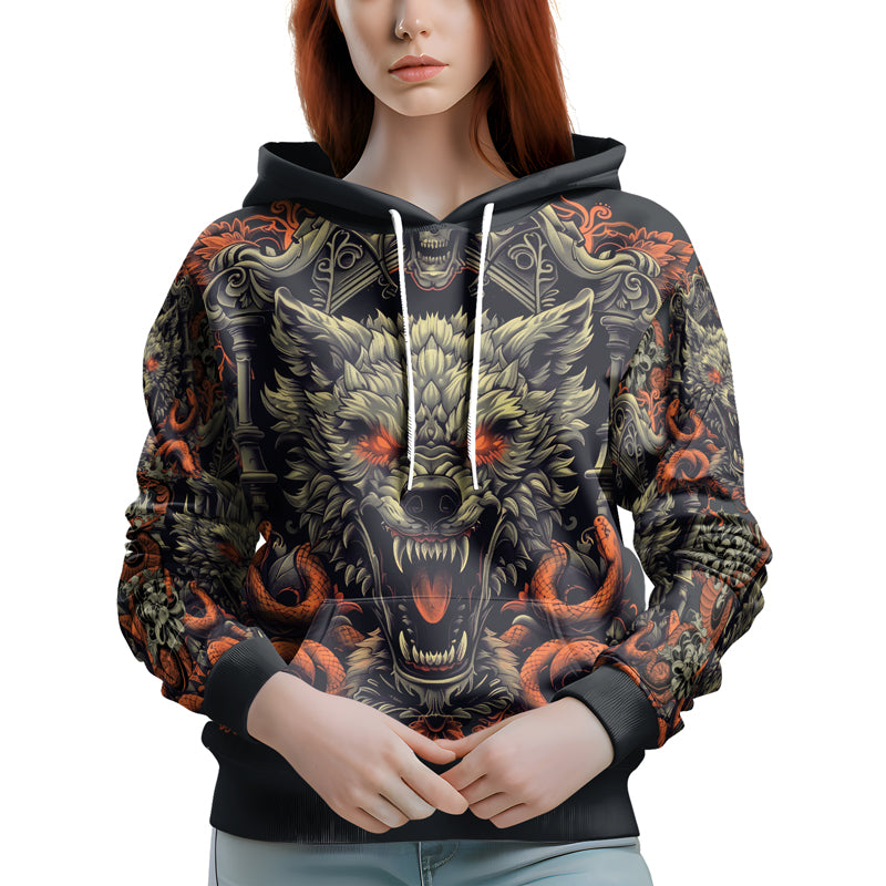 Rashninja Fanged Wolf with Skull AOP Hoodie | Wolf Hoodies For Men