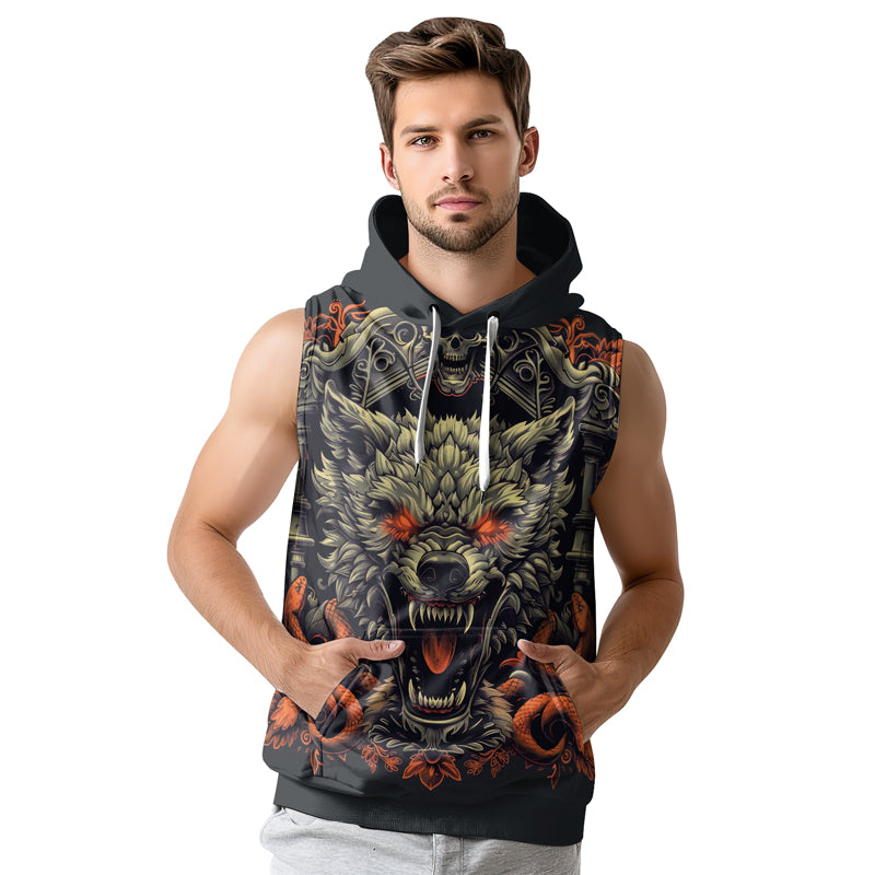 Rashninja Fanged Wolf with Skull Sleeveless Hoodie | Sleeveless Hoodie