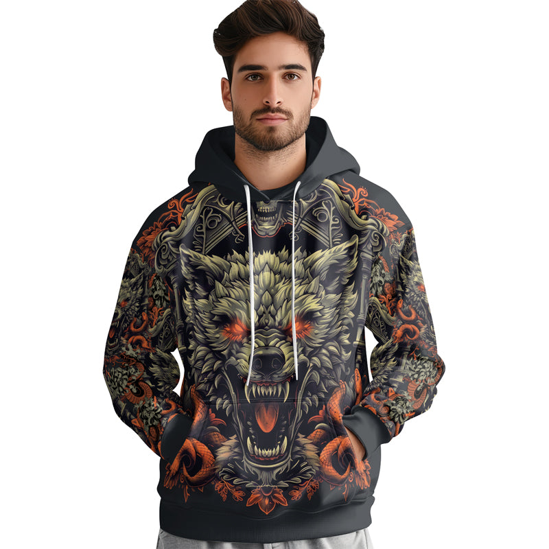 Rashninja Fanged Wolf with Skull AOP Hoodie | Wolf Hoodies For Men